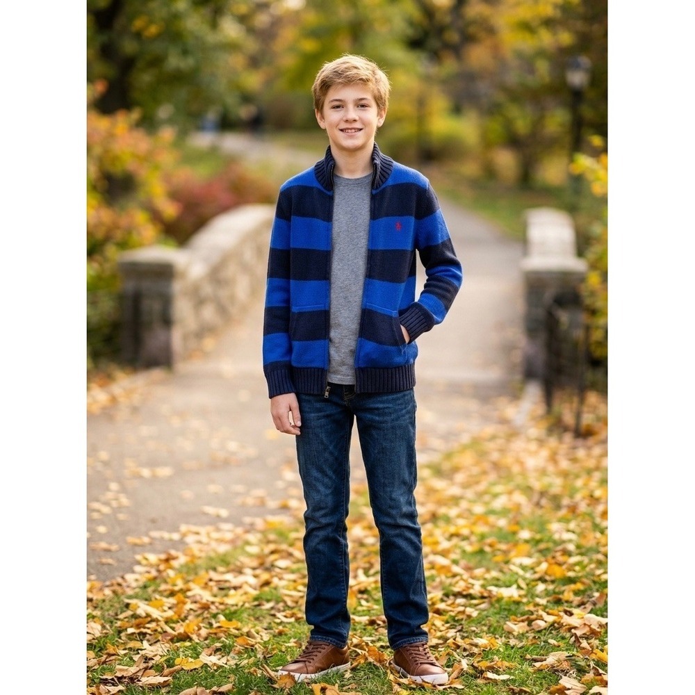 Polo Ralph Lauren Boys Blue Navy Striped Full Zip Cotton Sweater M 10-12